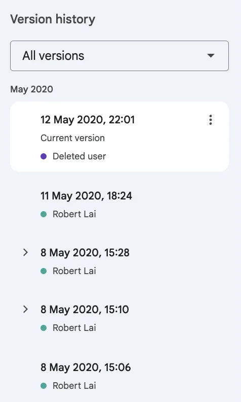 Google Slides version history showing the original Kaliber product file with edits from Robert Lai dated May 2020.