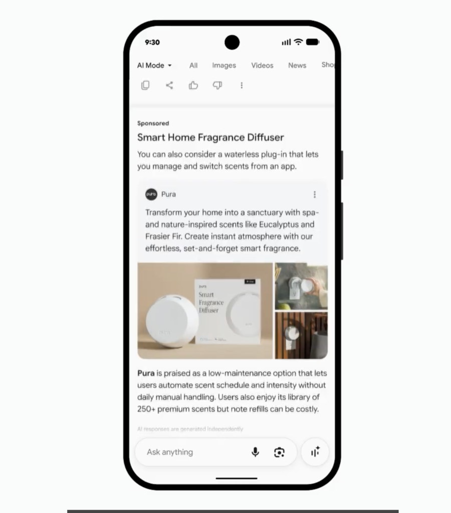A Sponsored ad for a smart home fragrance diffuser, generated inside Google's AI Mode, explaining the product as the answer to a user's spa-scent question.