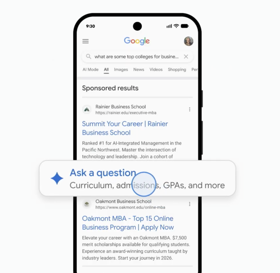 A Sponsored Google Search result for a business school, with an 'Ask a question' agent pill highlighting that users can chat with the brand directly inside the ad.