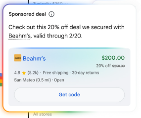 A Sponsored deal card showing a 20% off offer from a retailer, with star rating, store info, and a 'Get code' button.
