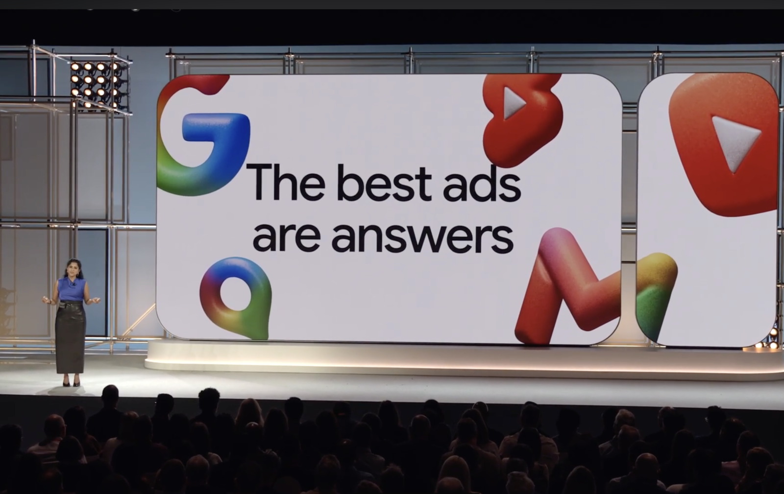 Google Marketing Live 2026 stage with the line 'The best ads are answers' alongside the Google product icons