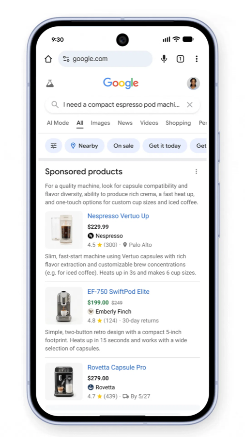 A mobile Google Search showing Sponsored products for 'compact espresso pod machine' with a Gemini-written explainer at the top and three matched products underneath.