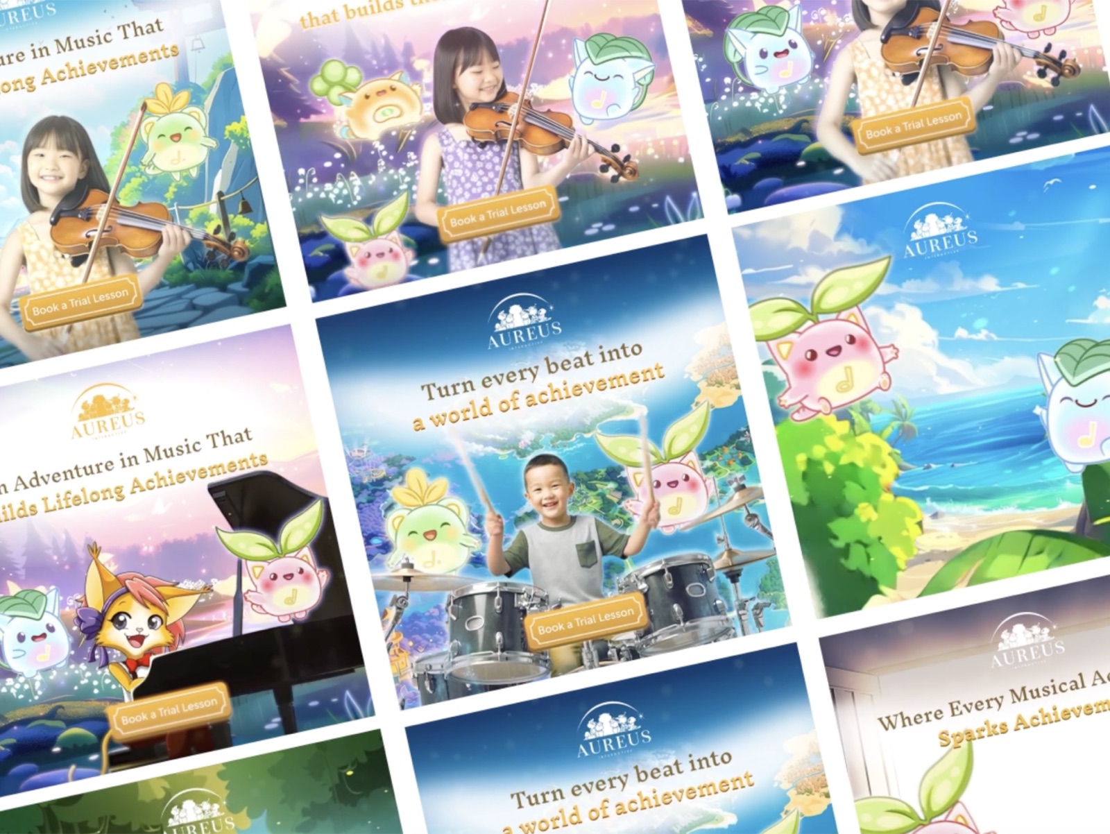 Aureus. Mascot-led creative variants for kids music school