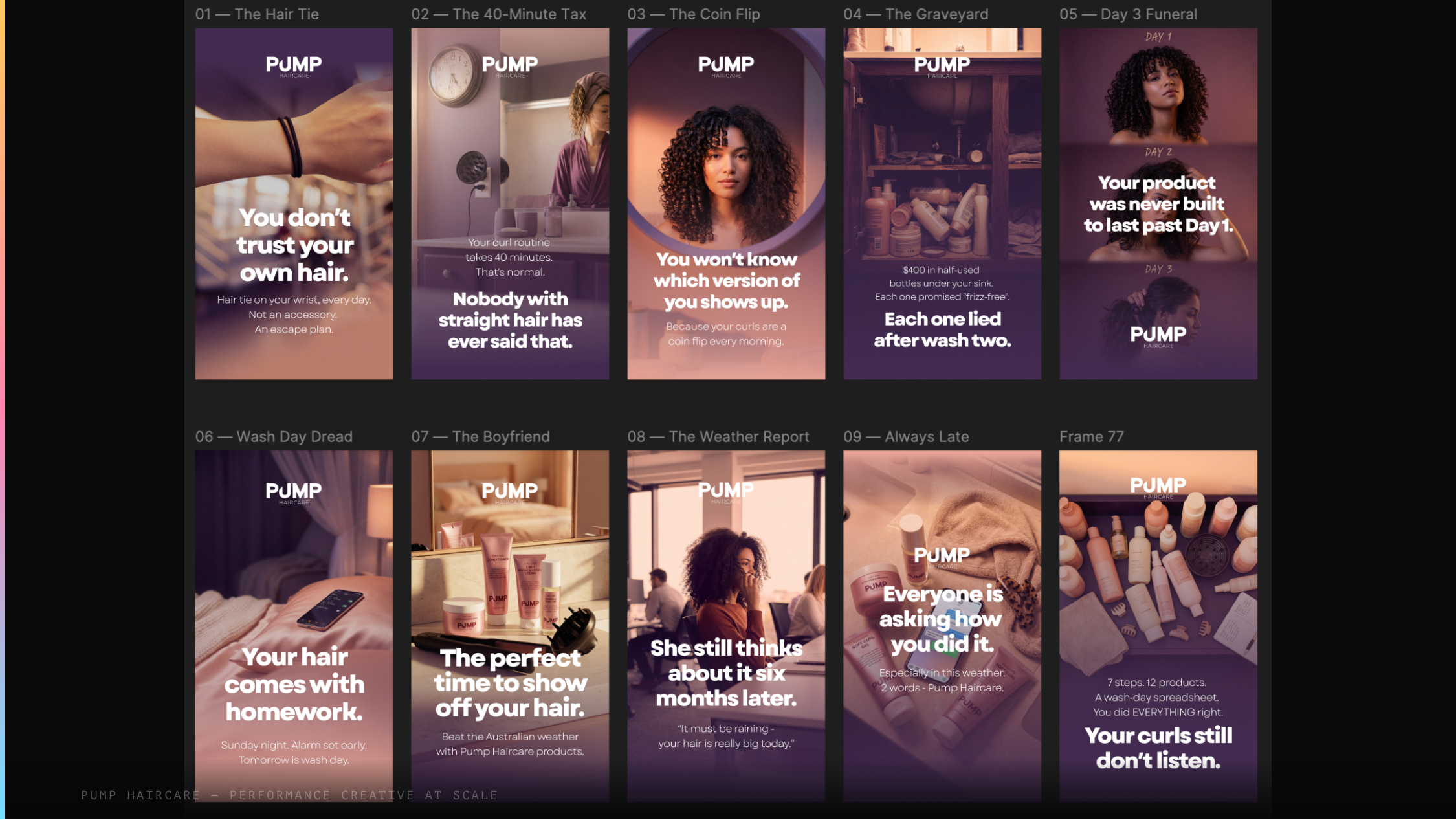 Pump Haircare performance creative variants. 10 ad concepts with bold copy-led creative at scale