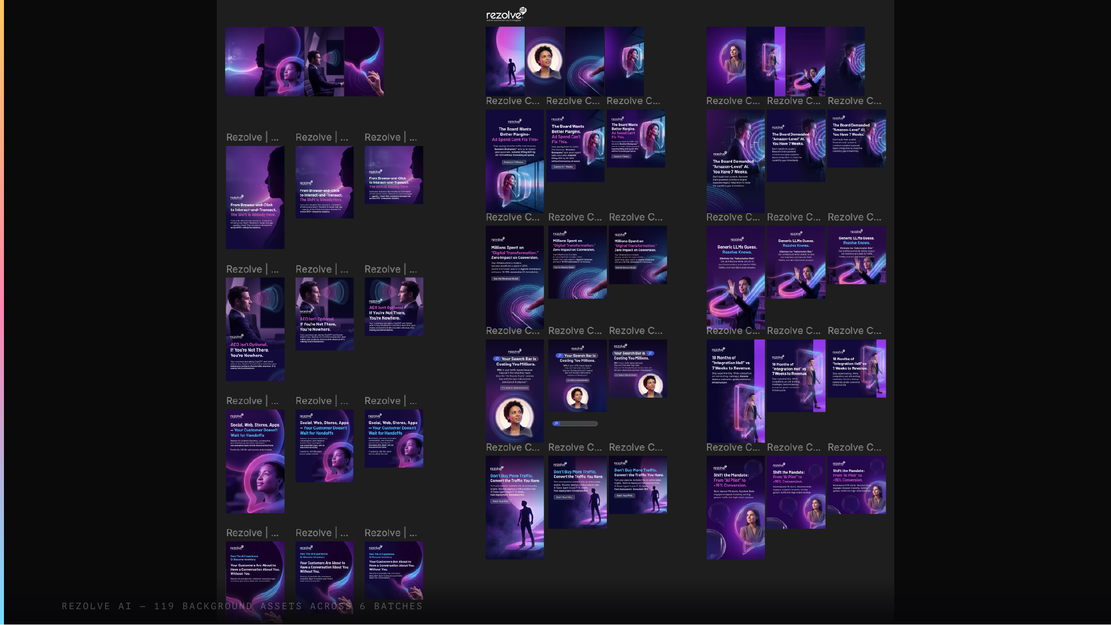 Rezolve AI. 119 background assets across 6 production batches, showing creative volume at scale