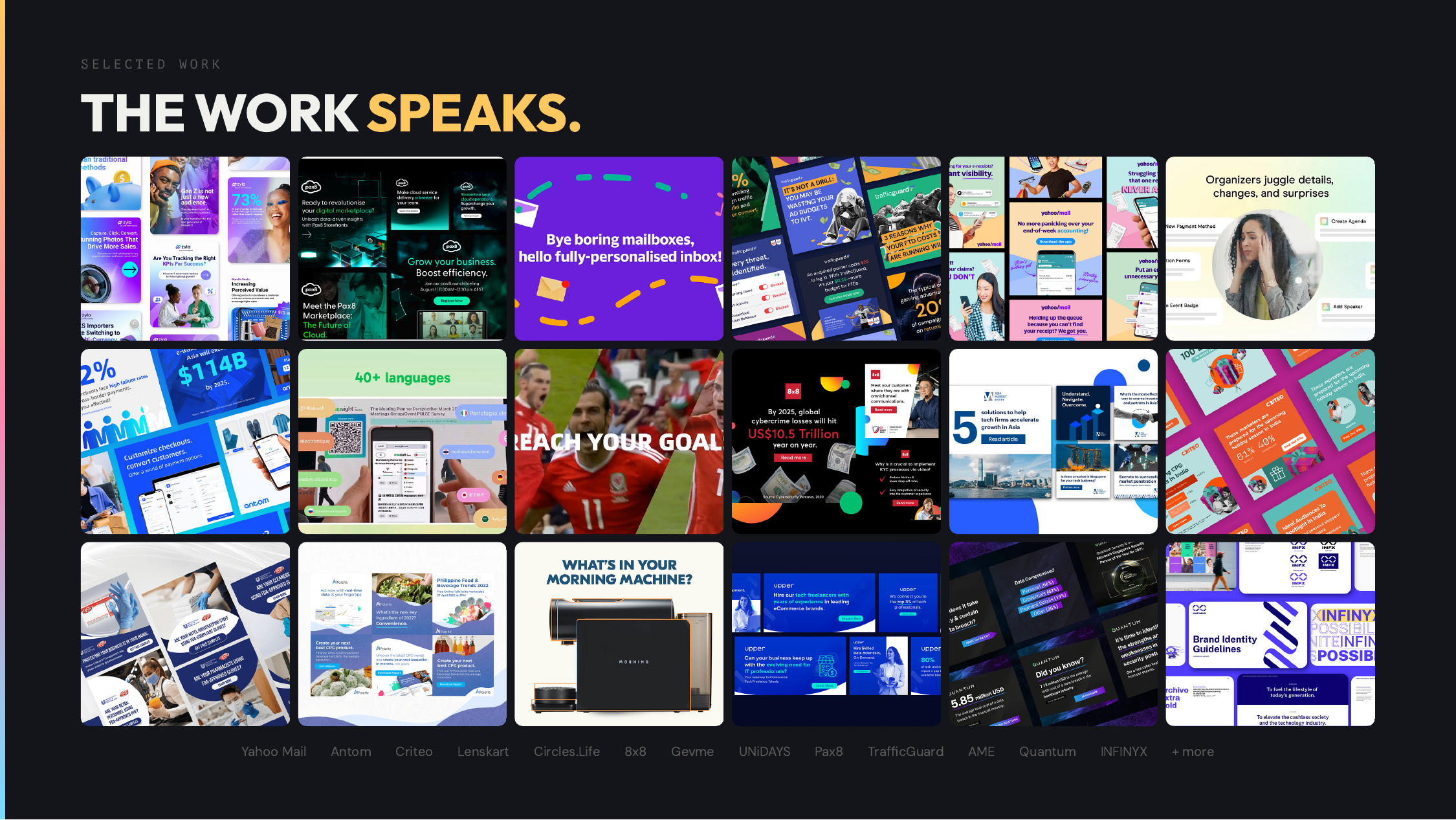 Kaliber Performance Creative work across clients including Yahoo Mail, Antom, Criteo, Lenskart, Circles.Life, 8x8, Gevme, UNIDAYS, Pax8, TrafficGuard, AME, Quantum, INFINYX and more